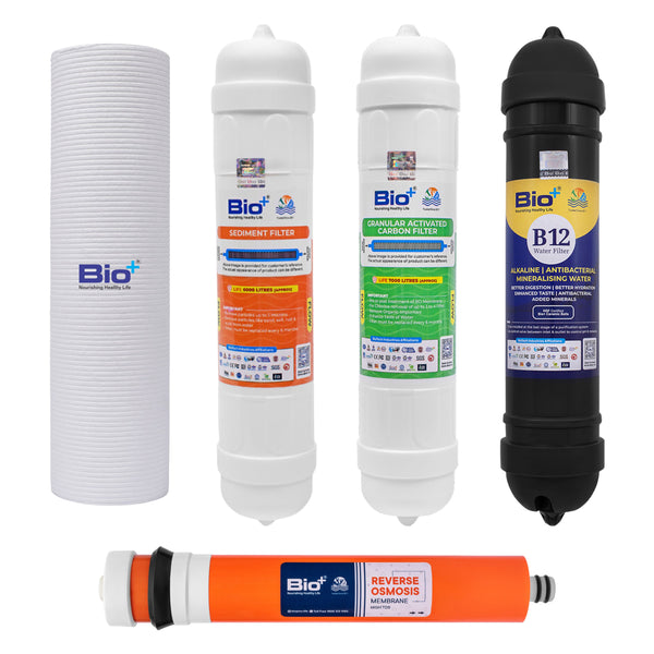 Bio+ RO Water Purifier Kit - Spun Filter, Sediment Filter, GAC Filter, RO Membrane, and B12AAA Post Filter