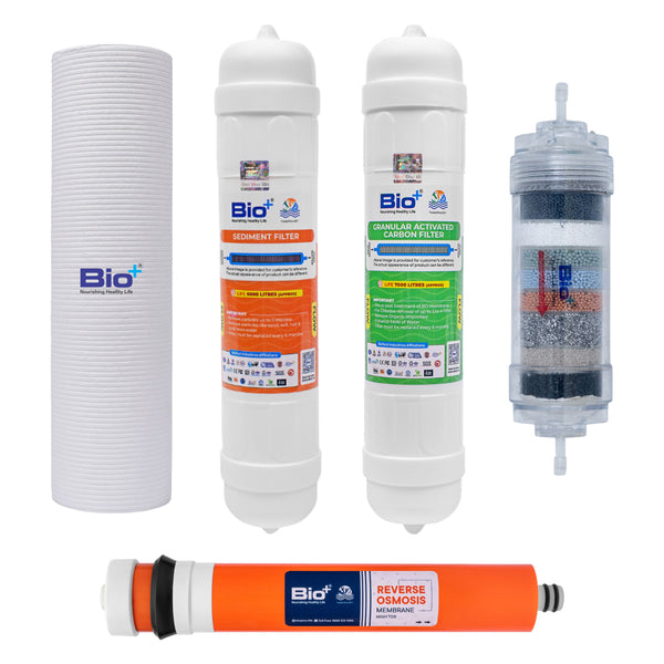 Bio+ RO Water Purifier Kit - Spun Filter, Sediment Filter, GAC Filter, RO Membrane, and H2AAA 8” Filter