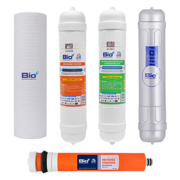 Bio+ RO Water Purifier Kit - Spun Filter, Sediment Filter, GAC Filter, RO Membrane, and Zinc + Copper H2AAA 11” Filter