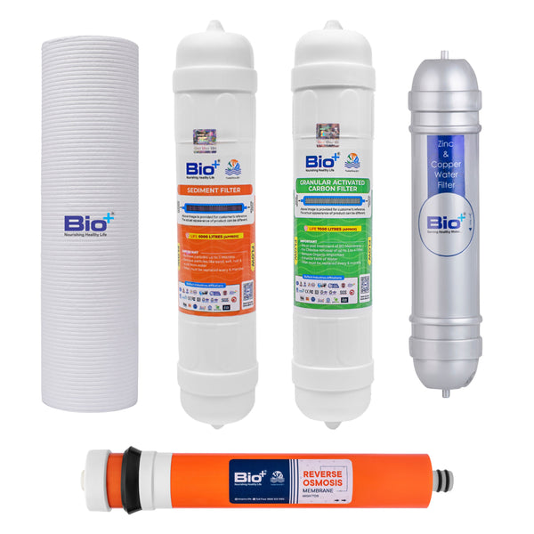 Bio+ RO Water Purifier Kit - Spun Filter, Sediment Filter, GAC Filter, RO Membrane, and Zinc + Copper H2AAA 8” Filter