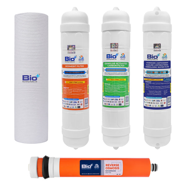 Bio+ Ro Water Purifier Kit - Spun Filter, Sediment Filter, GAC Filter, RO Membrane, and H2AAA 11” Filter